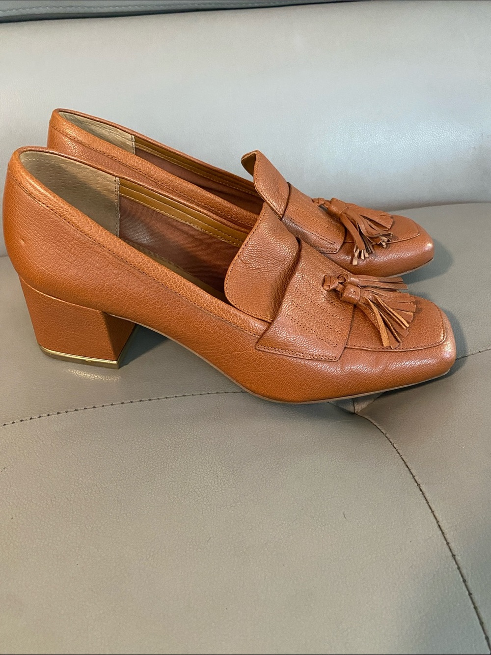 Franco Sarto Tan Tassel Wedge Loafers